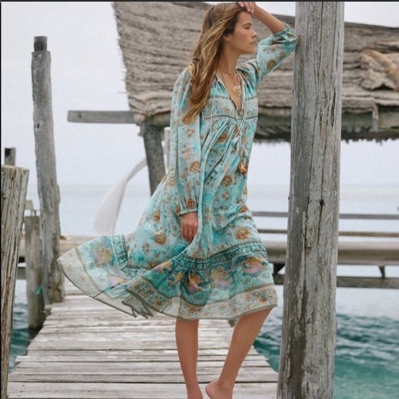 Spell & The Gypsy Collective Seashell Boho Midi Dress in Seafoam Size Small - Picture 3 of 12